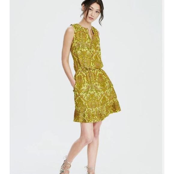 Banana Republic Women's Paisley Pleated Neck Dress Medium Yellow Green - Picture 1 of 6
